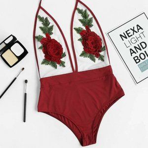 SHEIN 3D Rose Applique Backless Plunging Halter Bo